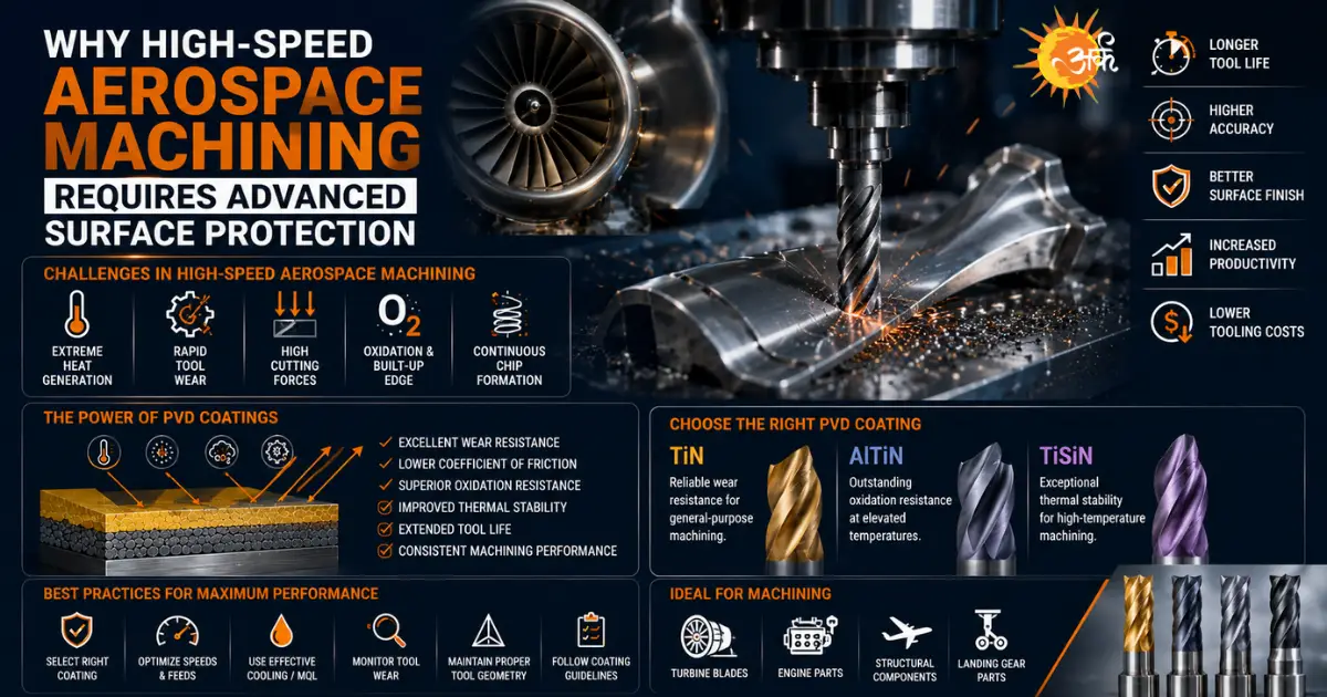 High-speed aerospace machining with a coated cutting tool, PVD coating benefits, and TiN, AlTiN, and TiSiN coating options.