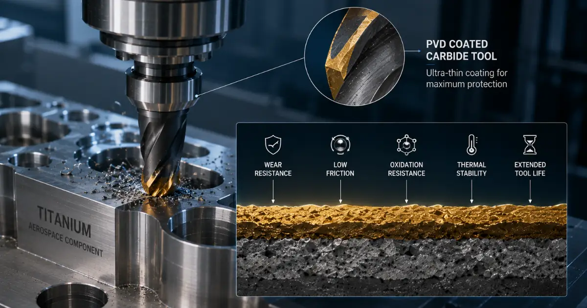 PVD-coated carbide cutting tool machining a titanium aerospace component with a close-up of the protective coating and its key performance benefits.