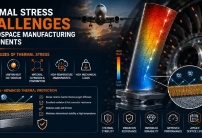 Aerospace turbine blade illustrating thermal stress, temperature gradient, PVD coating, oxidation resistance, and thermal protection.