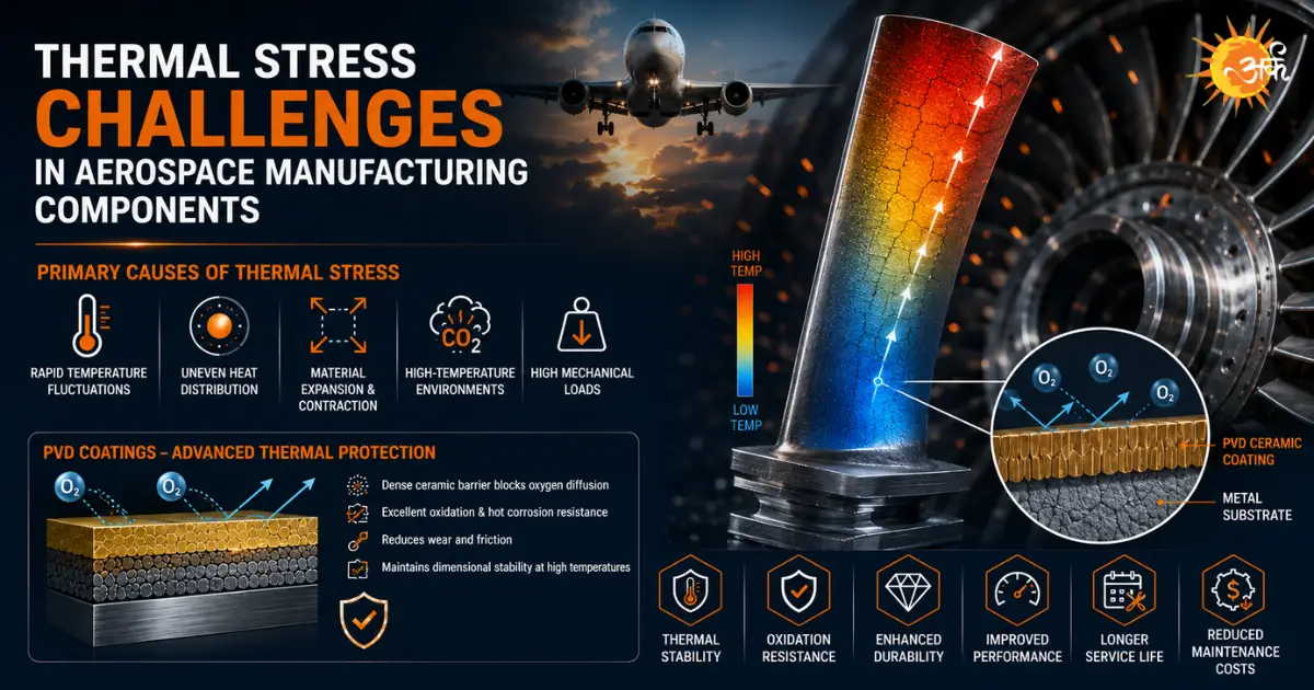 Aerospace turbine blade illustrating thermal stress, temperature gradient, PVD coating, oxidation resistance, and thermal protection.