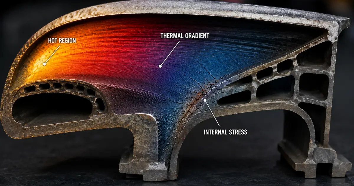 Cross-section of a metal turbine blade showing a hot region, thermal gradient, and internal stress.